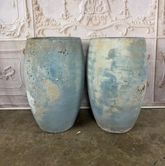 Pair of Large Atelier Vierkant Style Planters - Ocean Blue Patina Barrel Pots