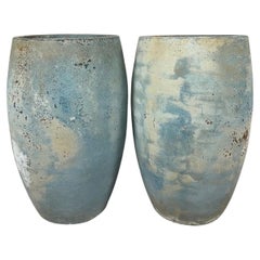 Pair of Large Atelier Vierkant Style Planters - Ocean Blue Patina Barrel Pots