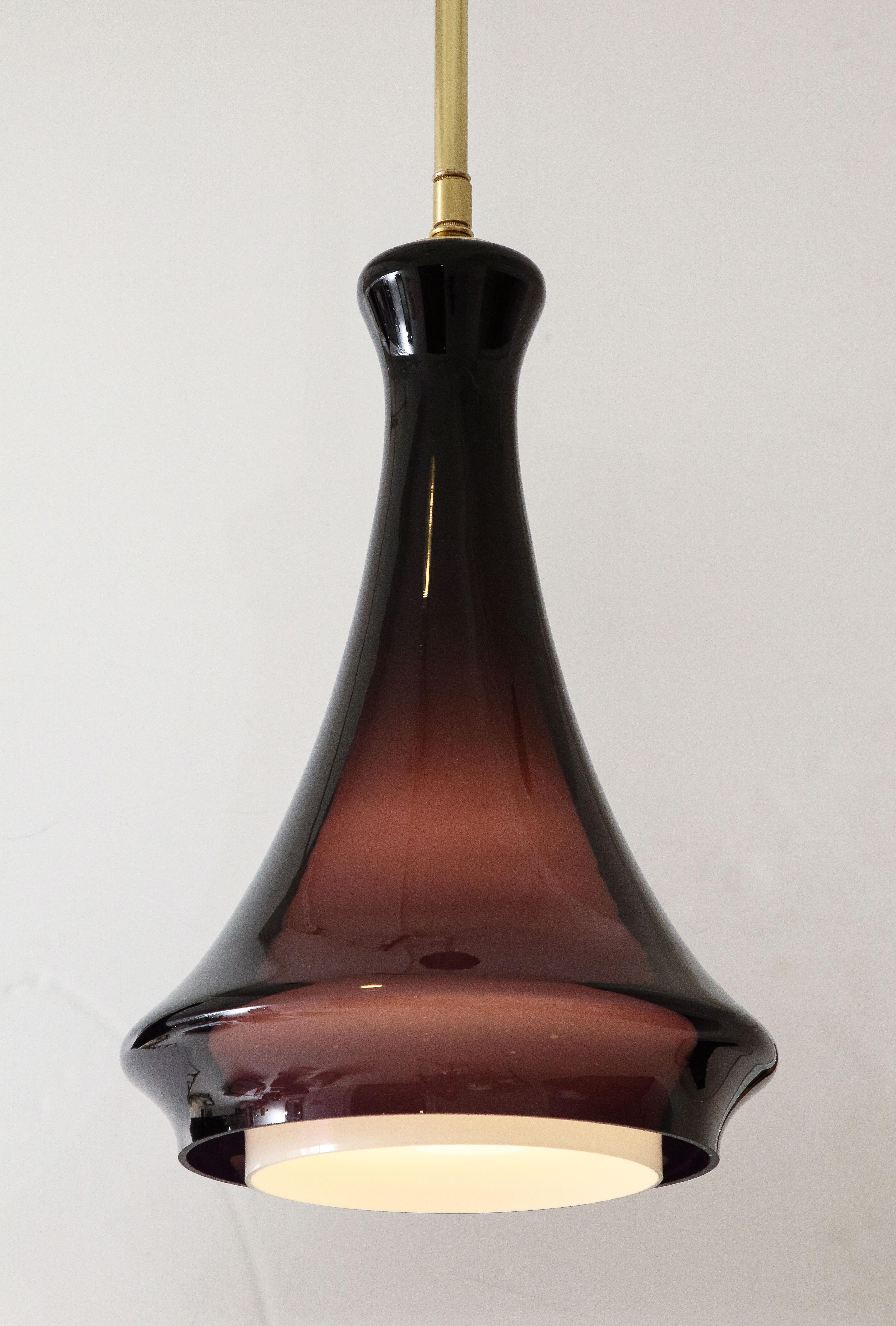 Mid-Century Modern Pair of Large Aubergine Glass Pendant lights. For Sale