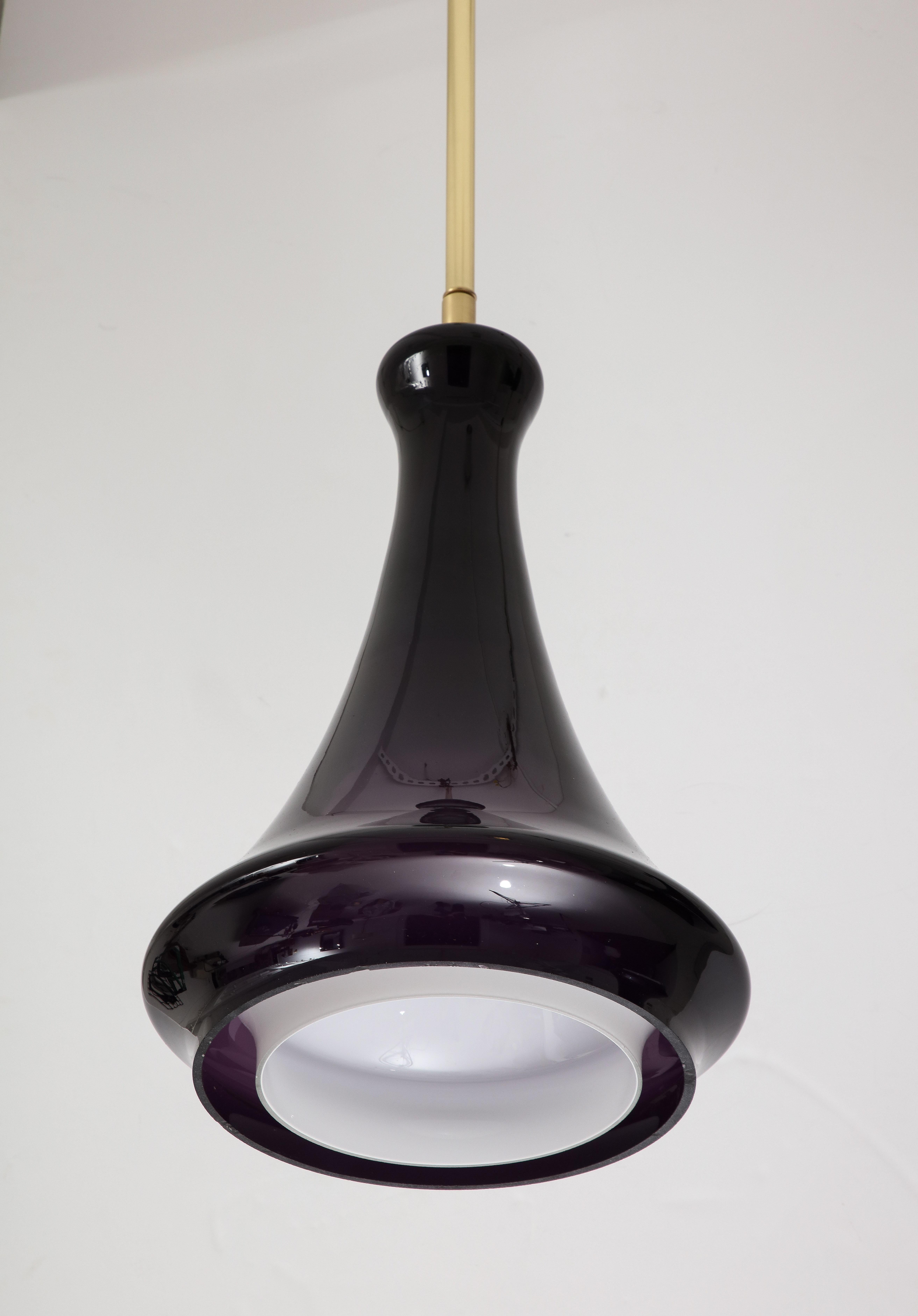 Pair of Large Aubergine Glass Pendant lights. In Good Condition For Sale In New York, NY