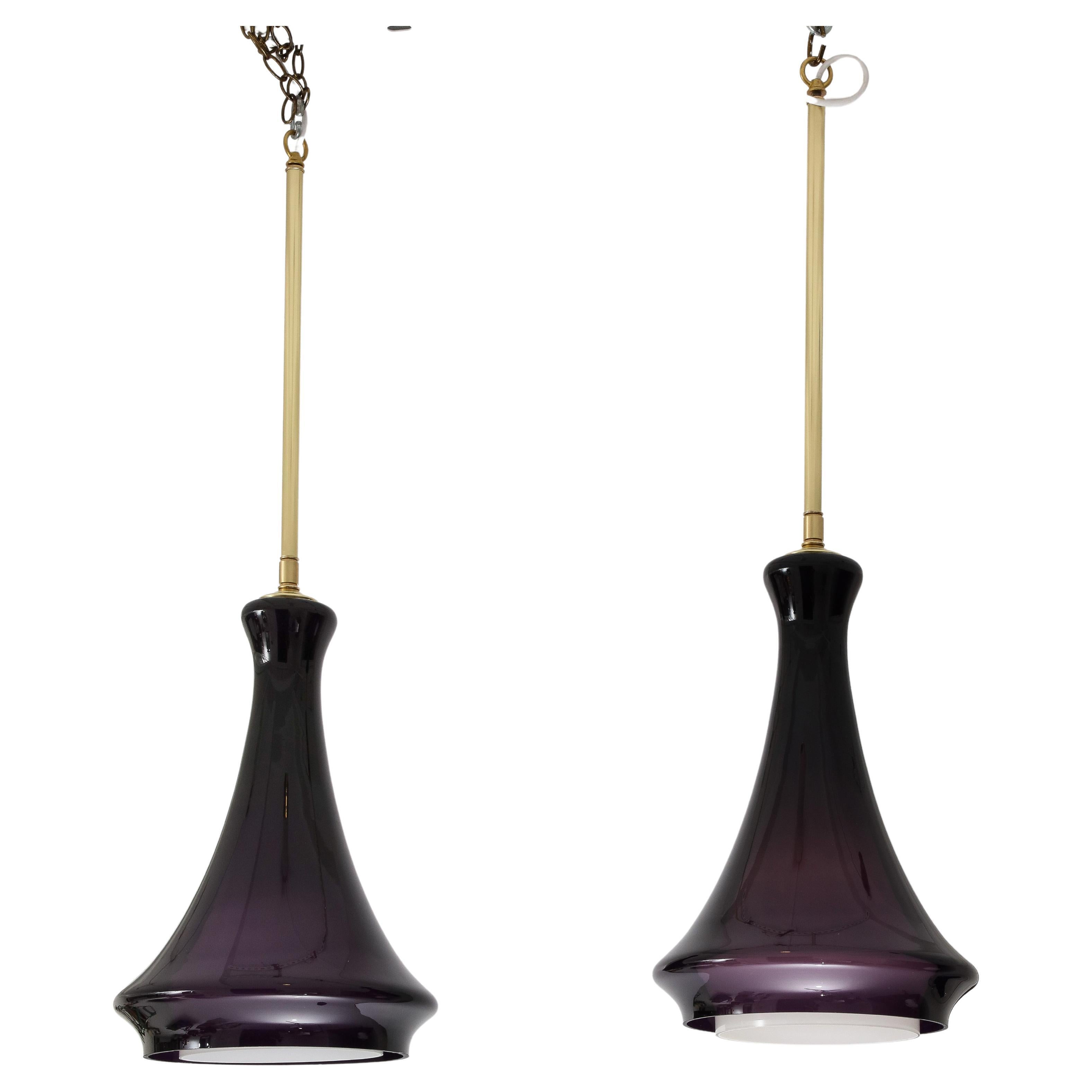 Pair of Large Aubergine Glass Pendant lights.