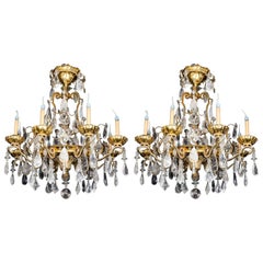 Pair of Large Baguès French Louis XVI Style Bronze and Rock Crystal Chandeliers