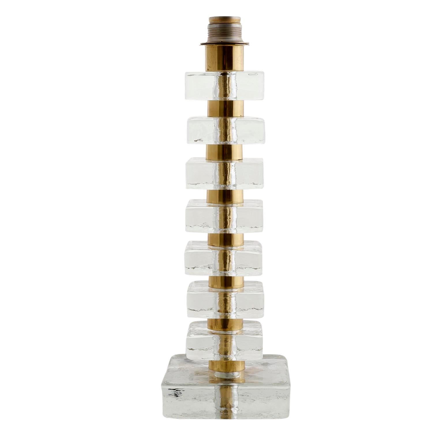 Mid-Century Modern Pair of Large Bakalowits Table Lamps, Brass Ice Glass Blocks, Beige Shade, 1970 For Sale
