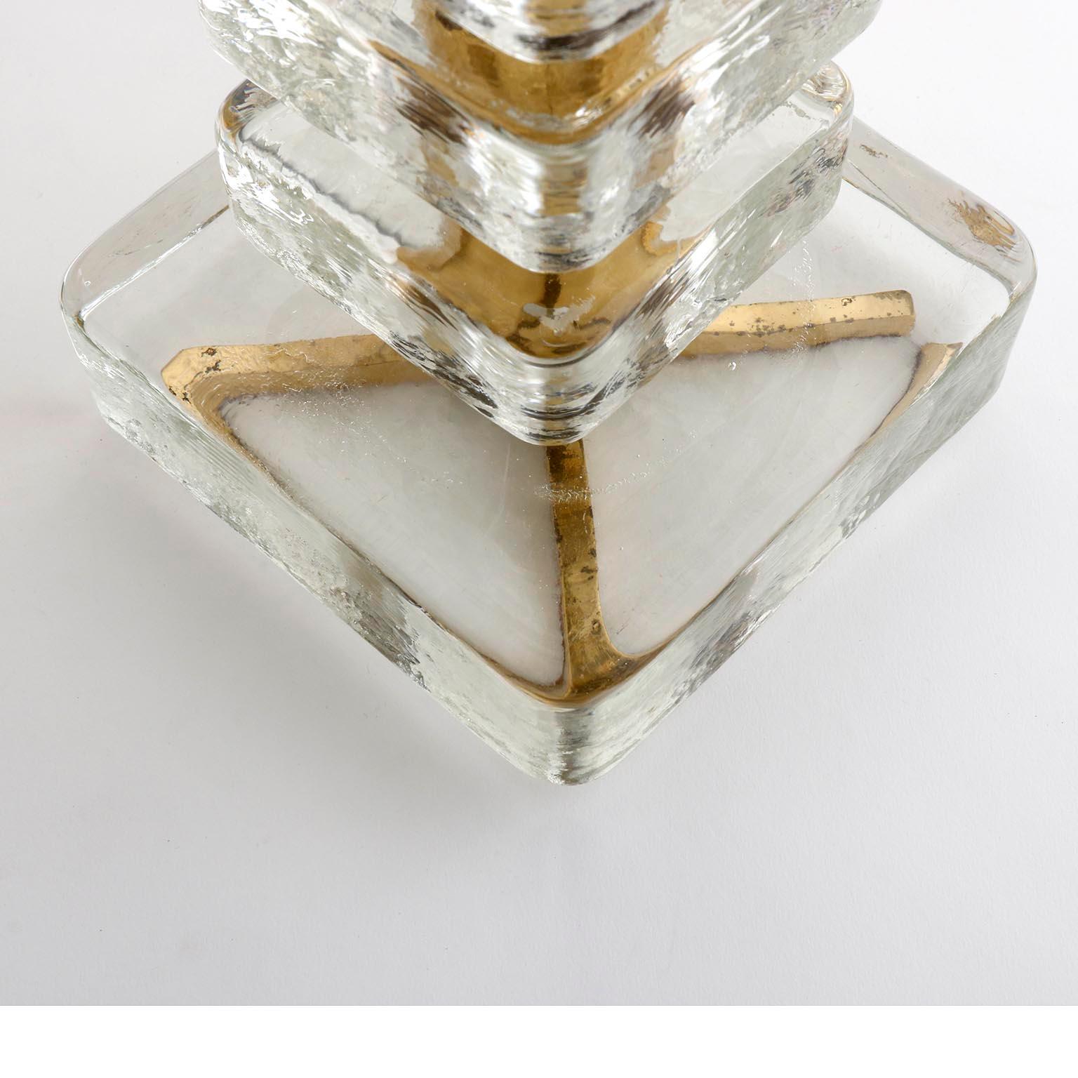 Pair of Large Bakalowits Table Lamps, Brass Ice Glass Blocks, Beige Shade, 1970 For Sale 7