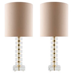 Paire de grandes lampes de bureau Bakalowits, blocs de verre glacé en laiton, abat-jour beige, 1970