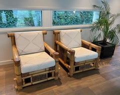 Pair of Large Bamboo Armchairs with Pierre Frey Cushions