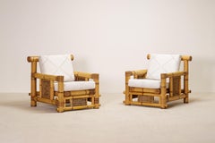 Pair of Large Bamboo "Pagode" Lounge Armchairs. New Upholstery.