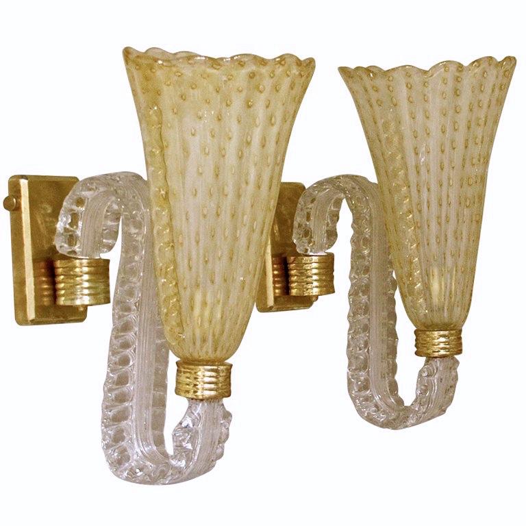 Pair of Large Barovier Murano Gold Glass Wall Light Sconces