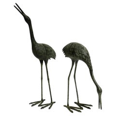 Pair of Large Beautiful 1970s Decorative Cranes in Oxidized Brass