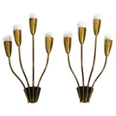 Paar große, schöne, vierarmige, originale Mid-Century-Modern-Wandleuchten aus Messing