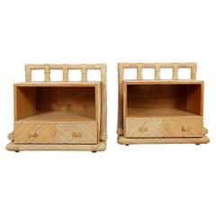 Pair of Large Bedside Tables, Solid Wood, Chipboard, Rattan, France, 1970
