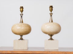 Pair of Large Beige Travertine Table Lamps by Maison Barbier - France 1970's