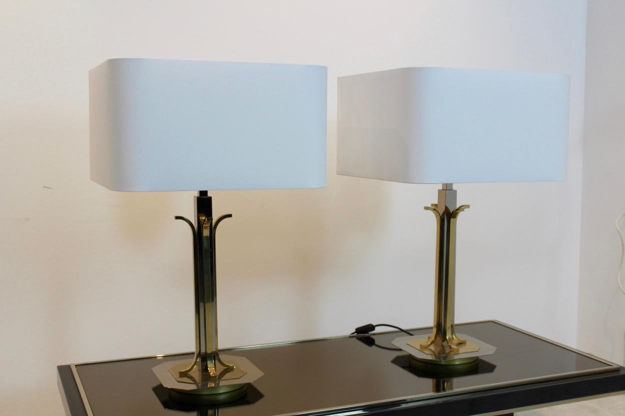 Pair of Large Belgian Brass and Chrome Willy Rizzo Style Table Lamps 5