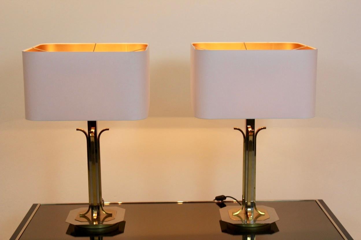 Hollywood Regency Pair of Large Belgian Brass and Chrome Willy Rizzo Style Table Lamps