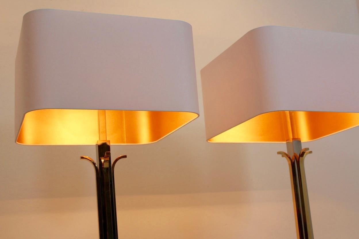 20th Century Pair of Large Belgian Brass and Chrome Willy Rizzo Style Table Lamps