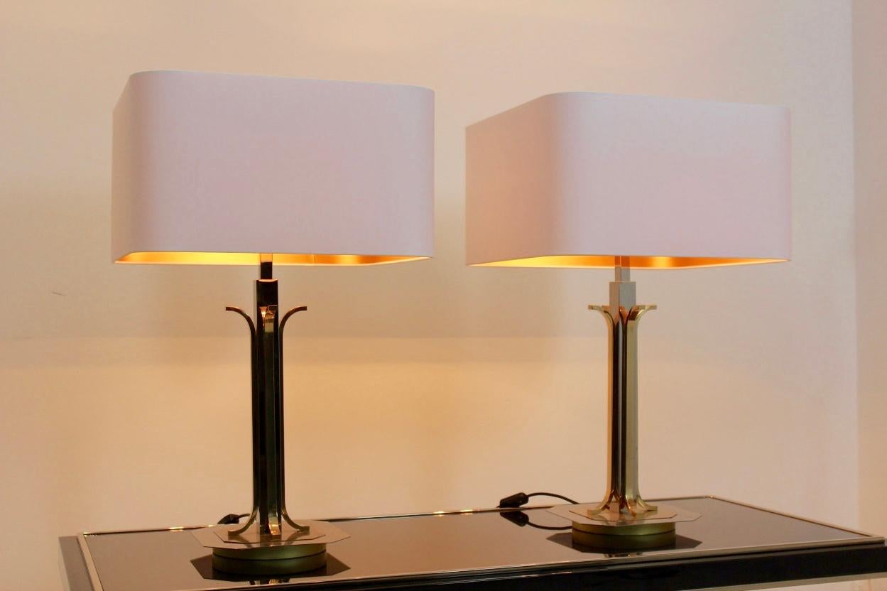 Pair of Large Belgian Brass and Chrome Willy Rizzo Style Table Lamps 2