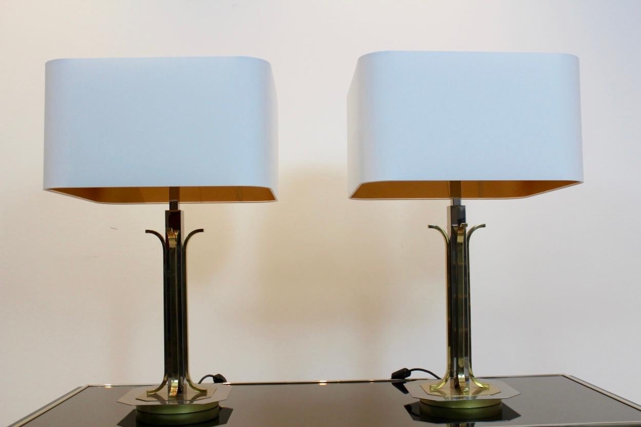 Pair of Large Belgian Brass and Chrome Willy Rizzo Style Table Lamps 3