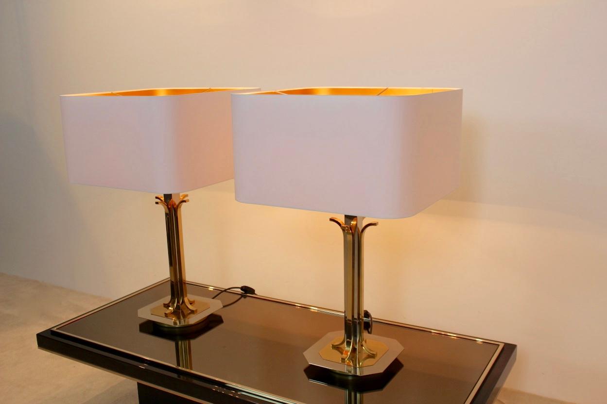 Pair of Large Belgian Brass and Chrome Willy Rizzo Style Table Lamps 4
