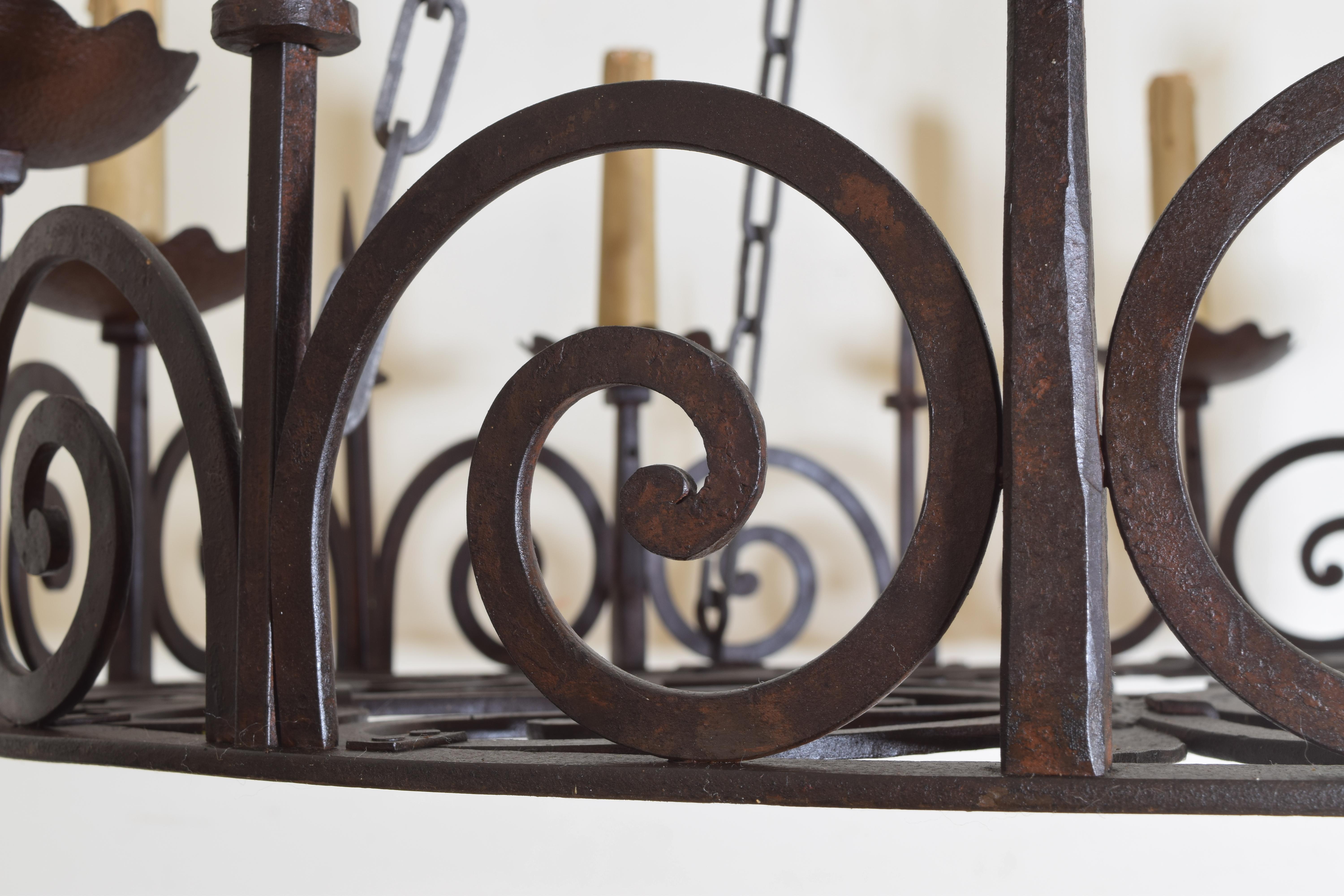 Pair of Large Belgian or French Wrought Iron 8-Light Chandeliers, circa 1900 6