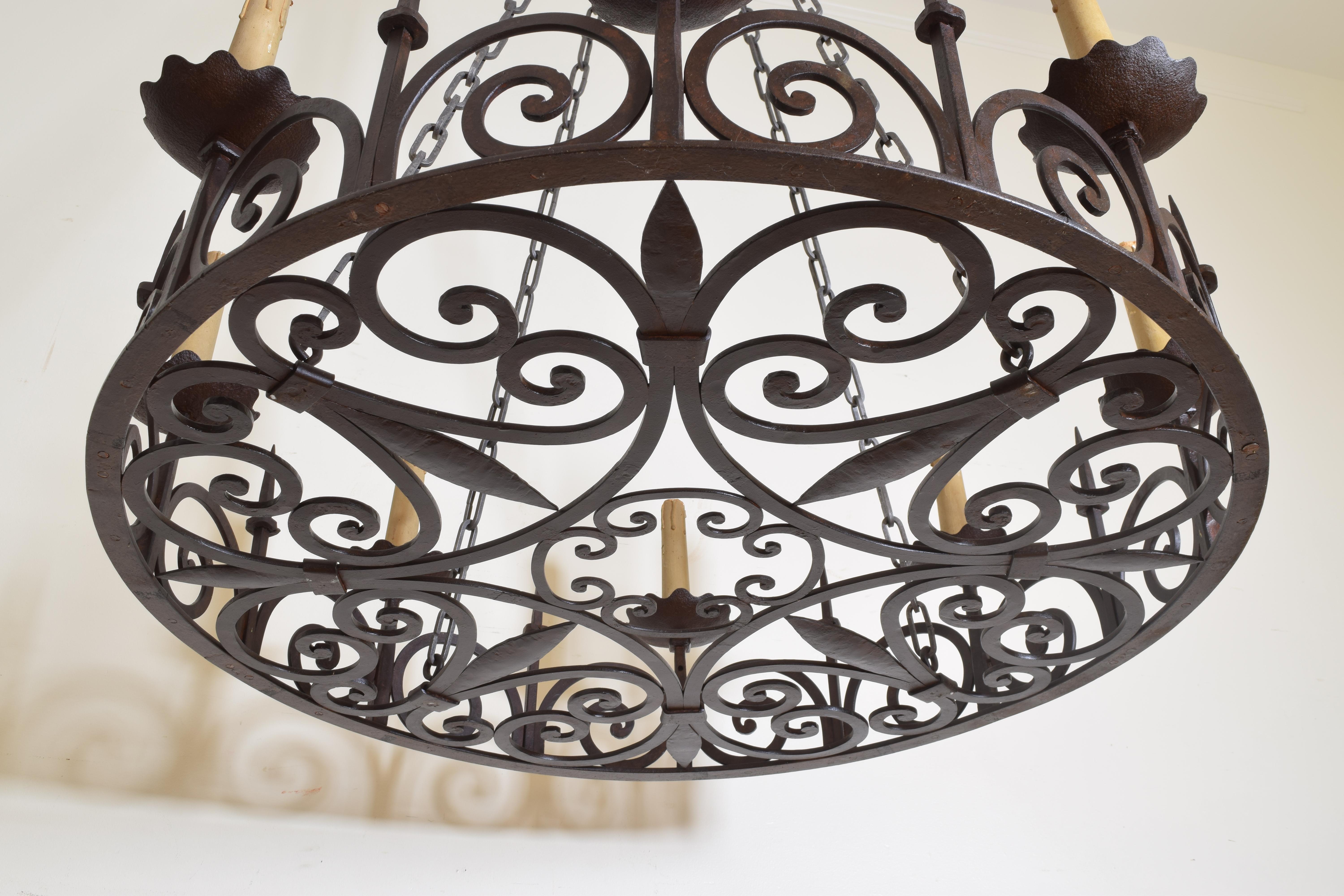 Pair of Large Belgian or French Wrought Iron 8-Light Chandeliers, circa 1900 8