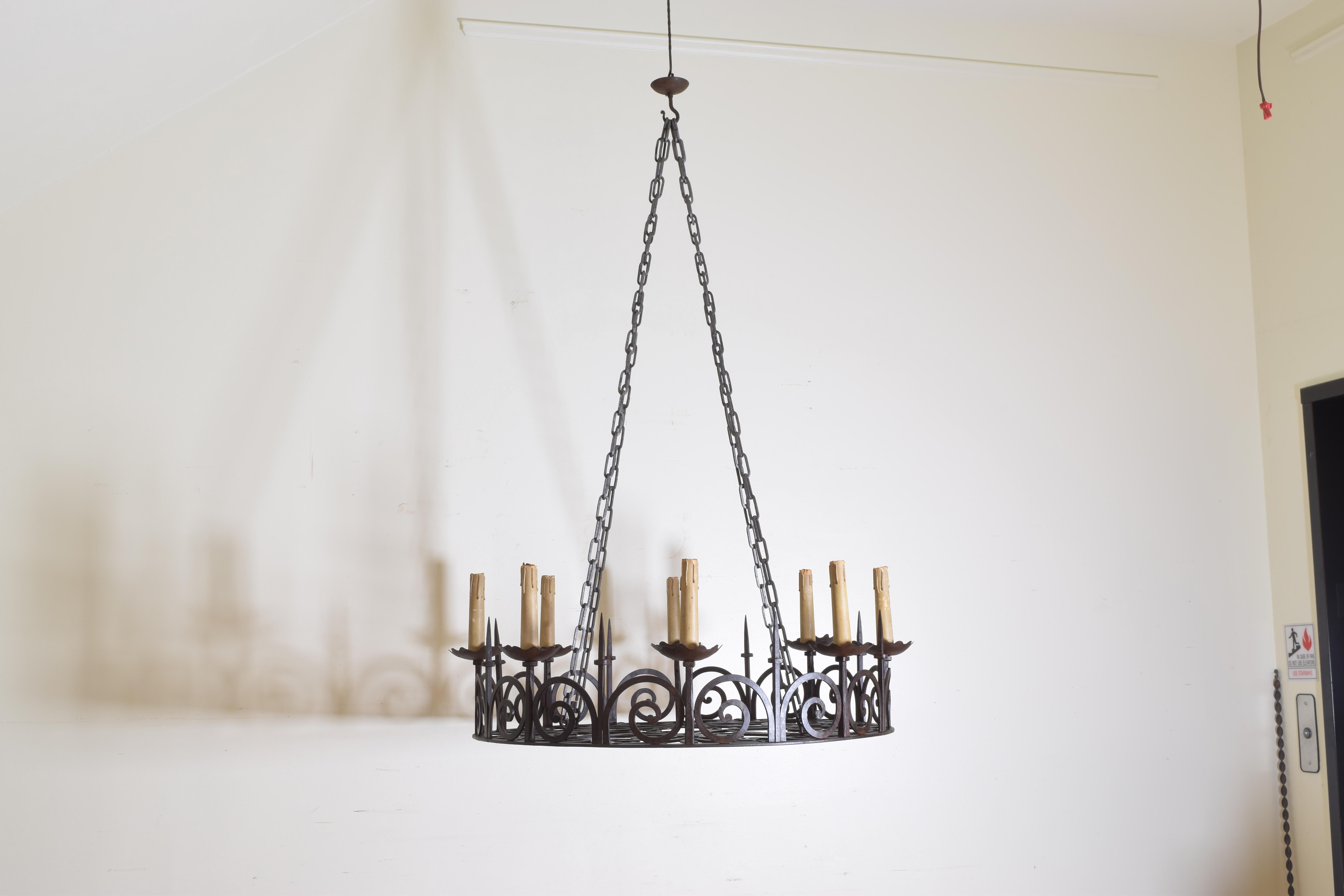 Baroque Revival Pair of Large Belgian or French Wrought Iron 8-Light Chandeliers, circa 1900