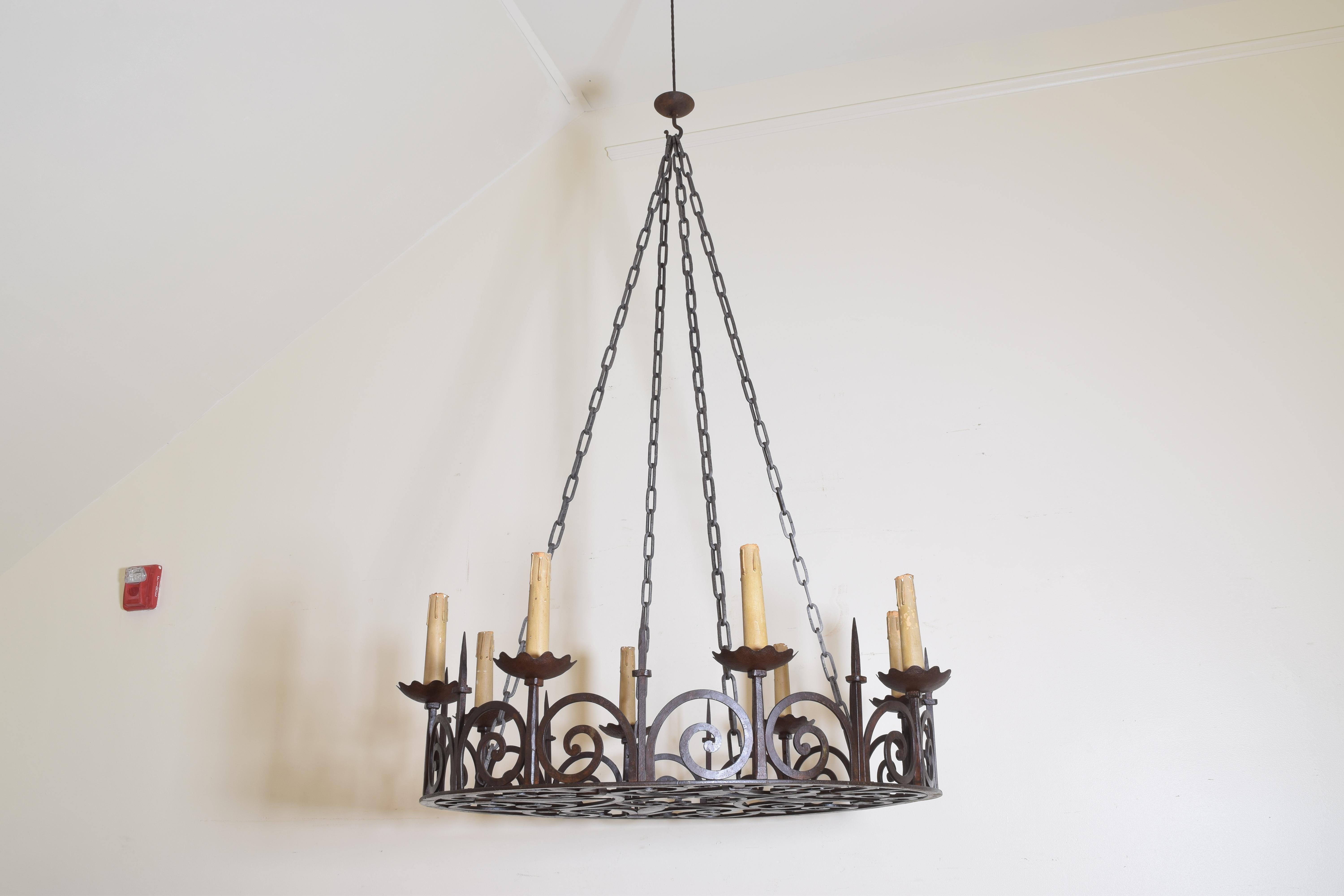 European Pair of Large Belgian or French Wrought Iron 8-Light Chandeliers, circa 1900