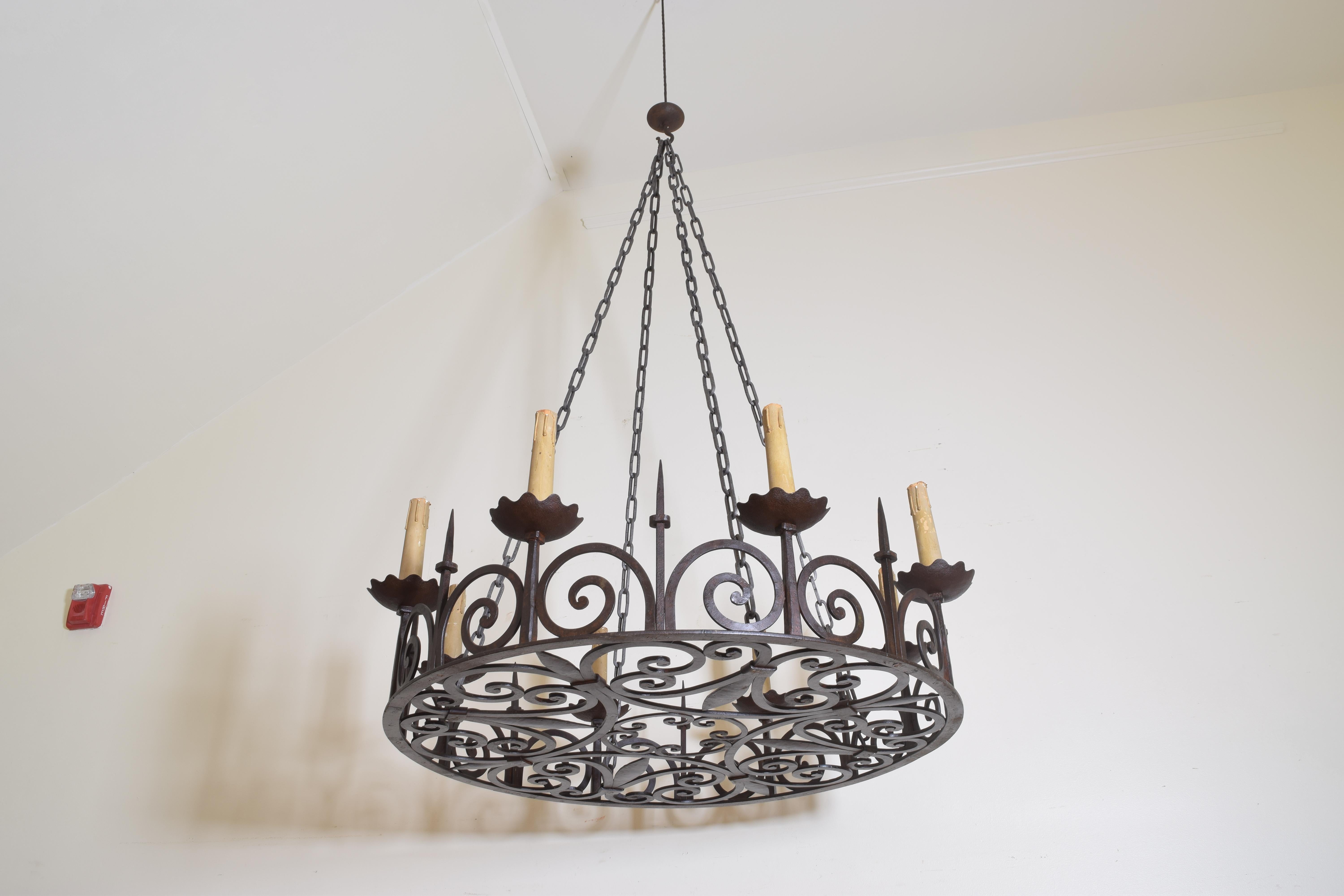 Pair of Large Belgian or French Wrought Iron 8-Light Chandeliers, circa 1900 In Good Condition In Atlanta, GA