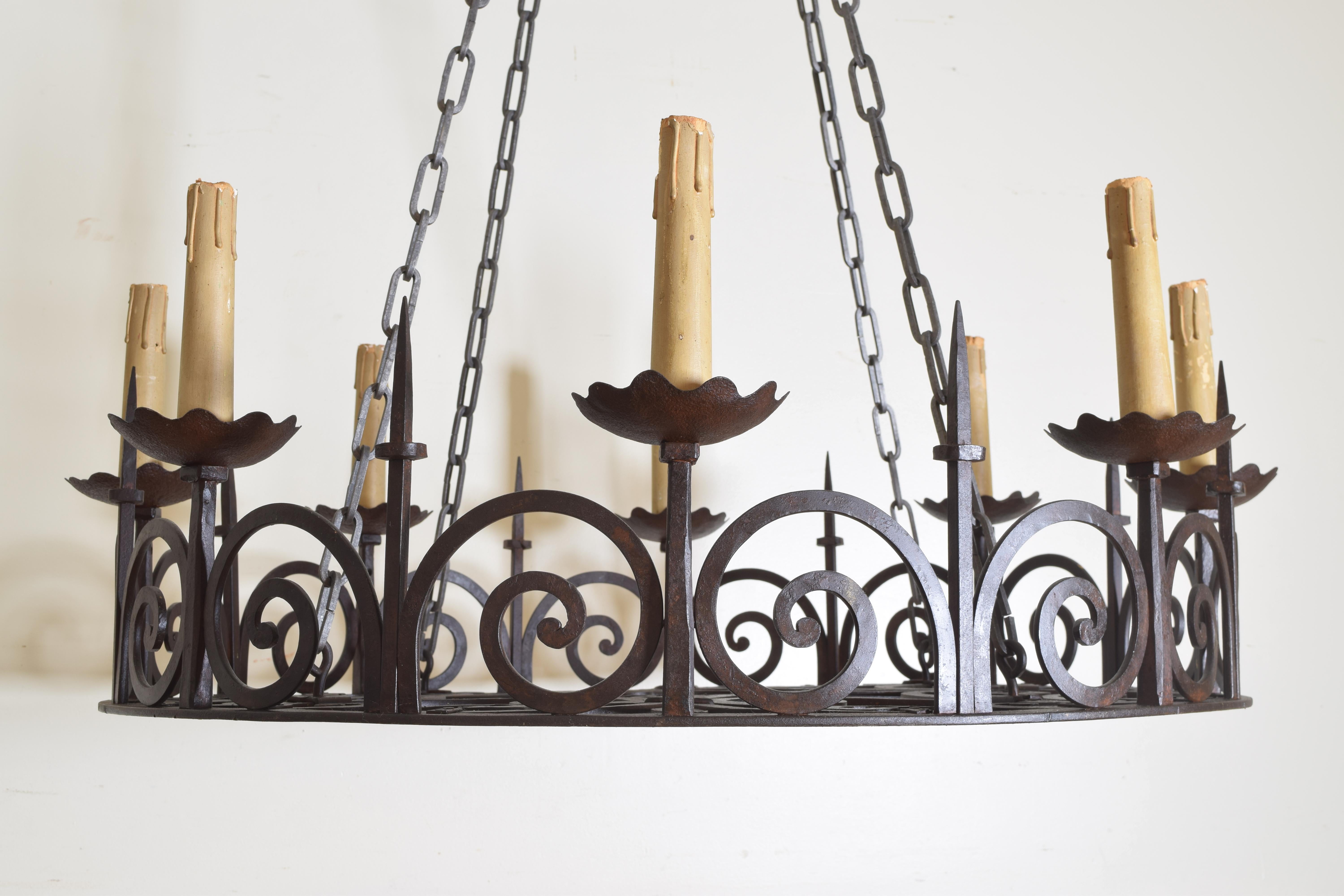 Pair of Large Belgian or French Wrought Iron 8-Light Chandeliers, circa 1900 2