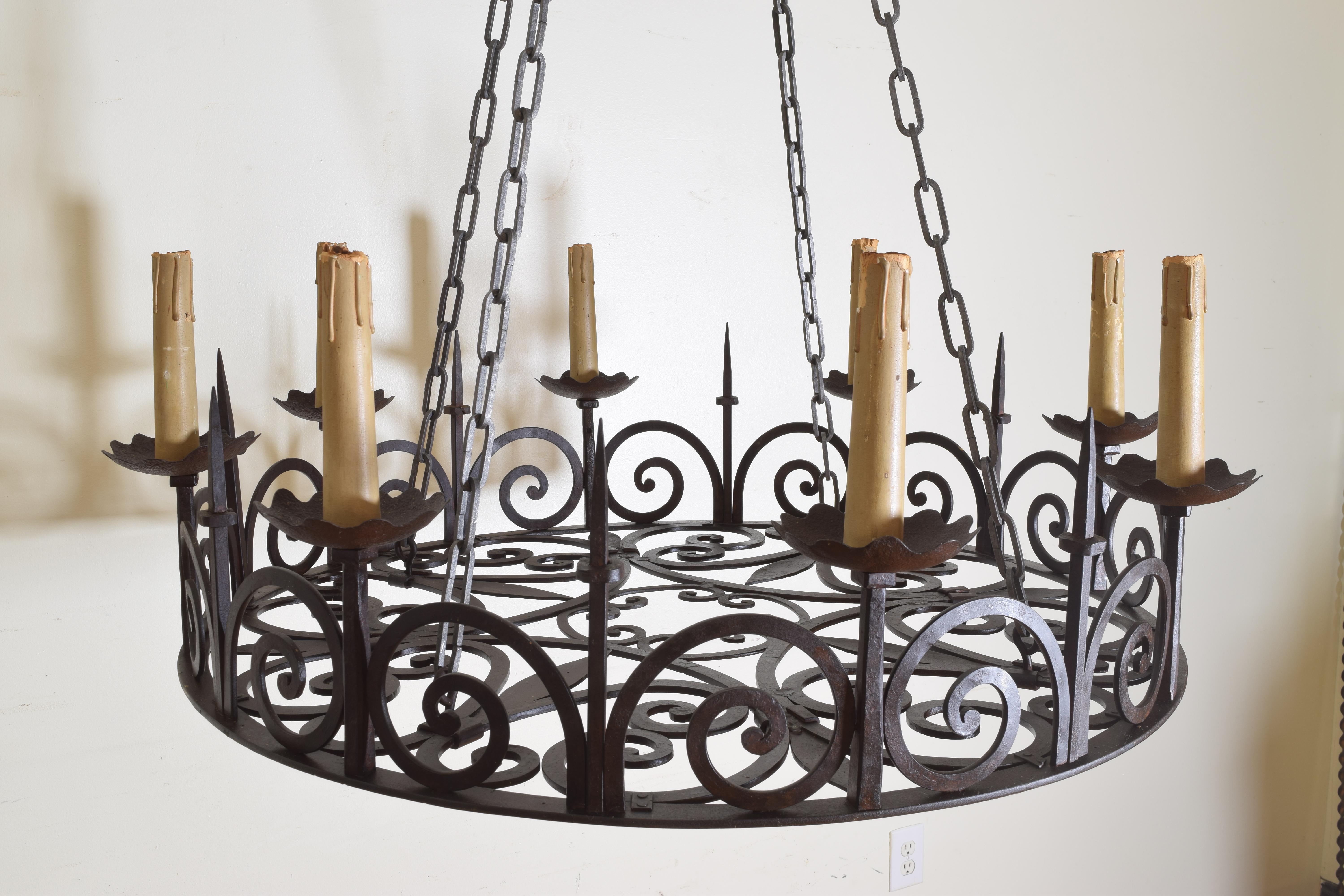 Pair of Large Belgian or French Wrought Iron 8-Light Chandeliers, circa 1900 3