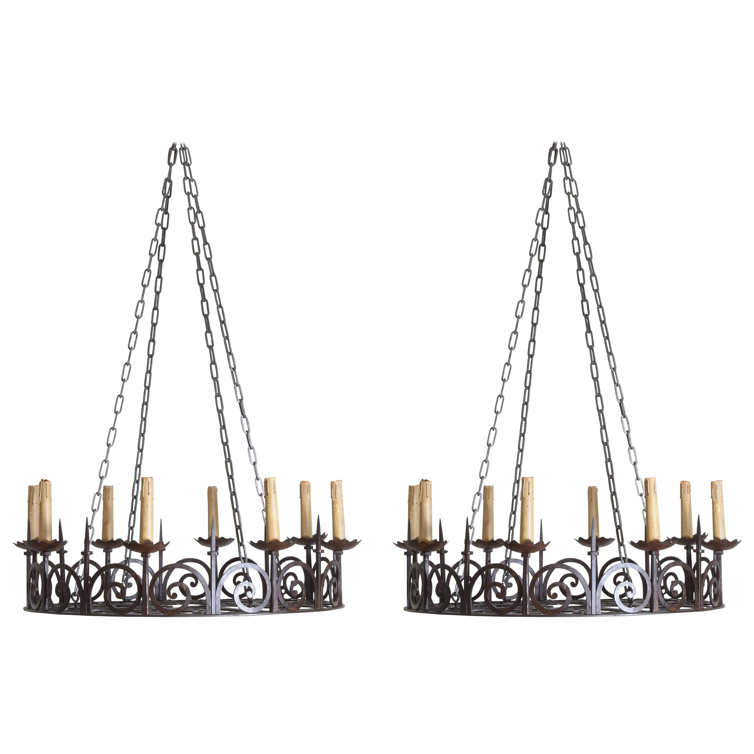 Pair of Large Belgian or French Wrought Iron 8-Light Chandeliers, circa 1900