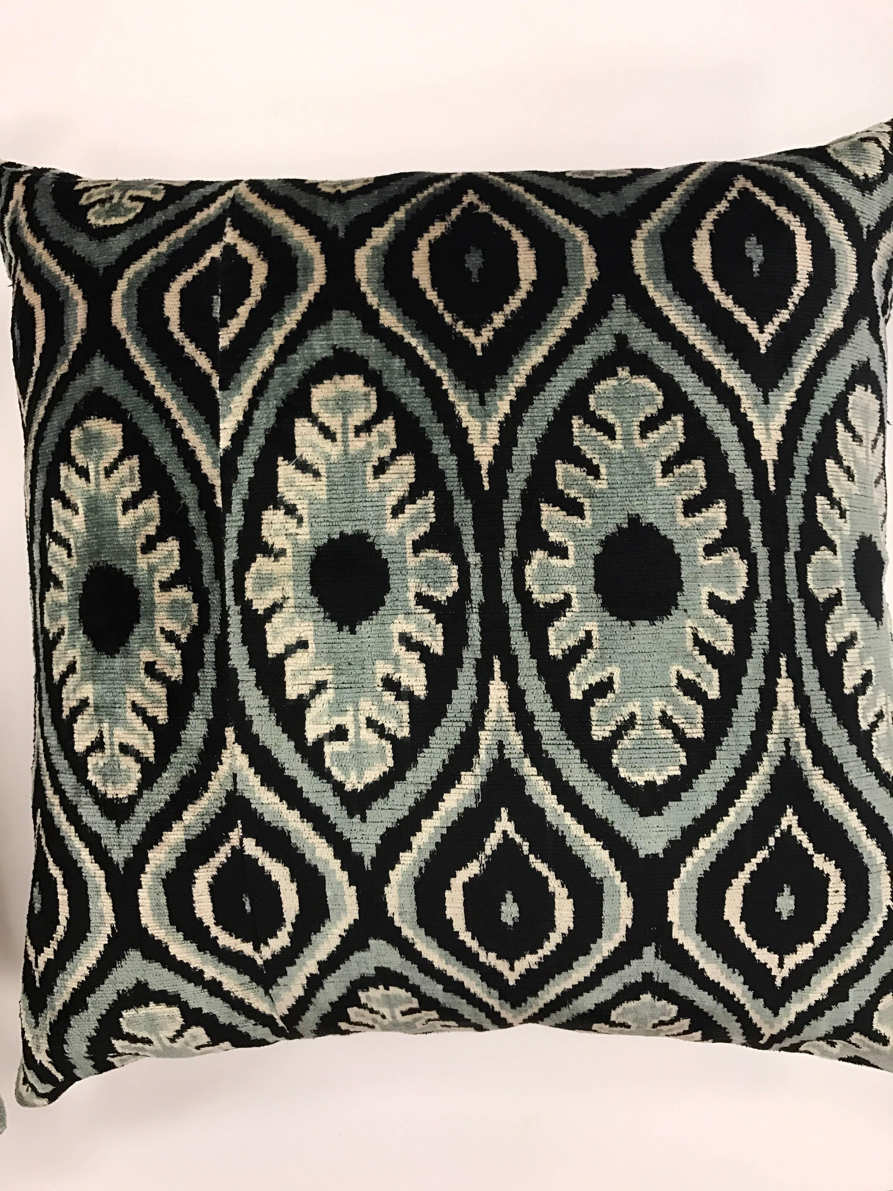 Turkish Pair of Large Black and Blue Silk Ikat Pillows For Sale
