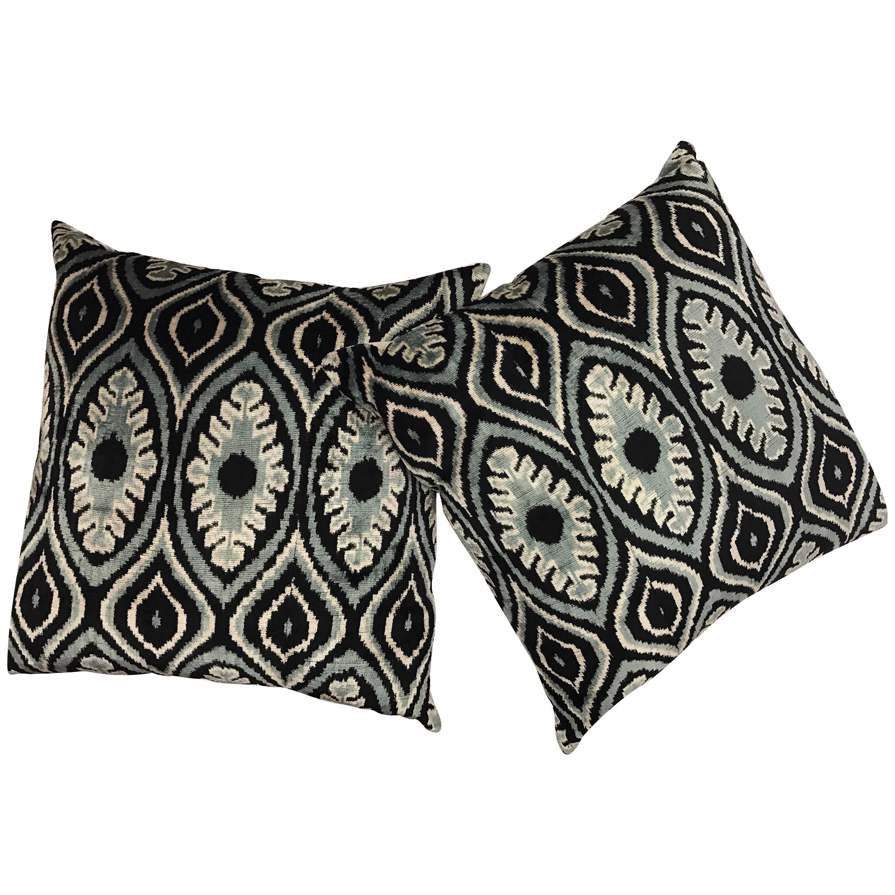 Pair of Large Black and Blue Silk Ikat Pillows For Sale