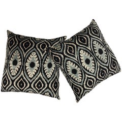 Pair of Large Black and Blue Silk Ikat Pillows