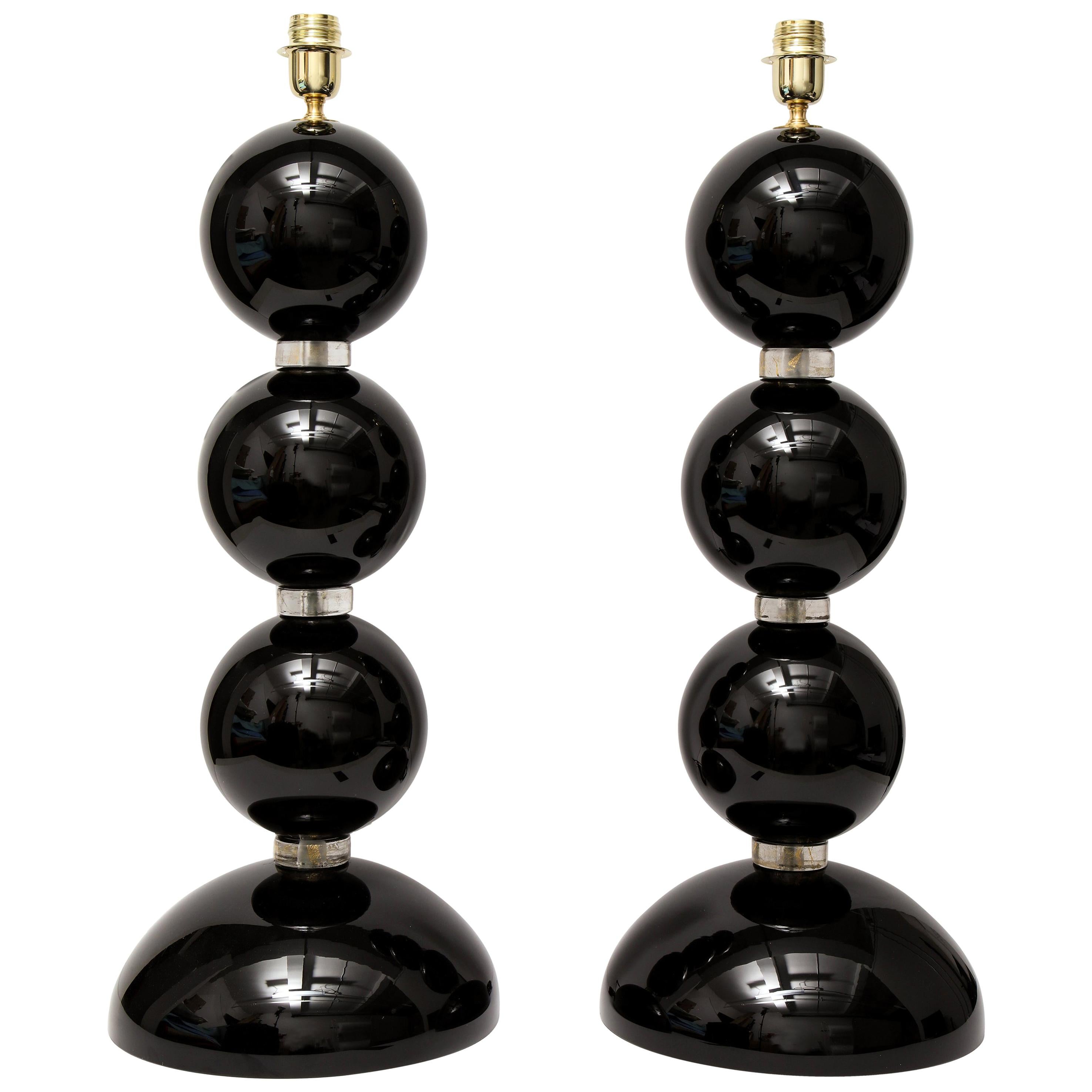 Pair of Large Black and Gold Murano Glass Spheres Lamps, Italy, Signed