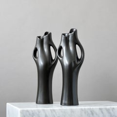 Pair of Large Black Mangania Vases by Lillemor Mannerheim, Gefle, Sweden, 1950s