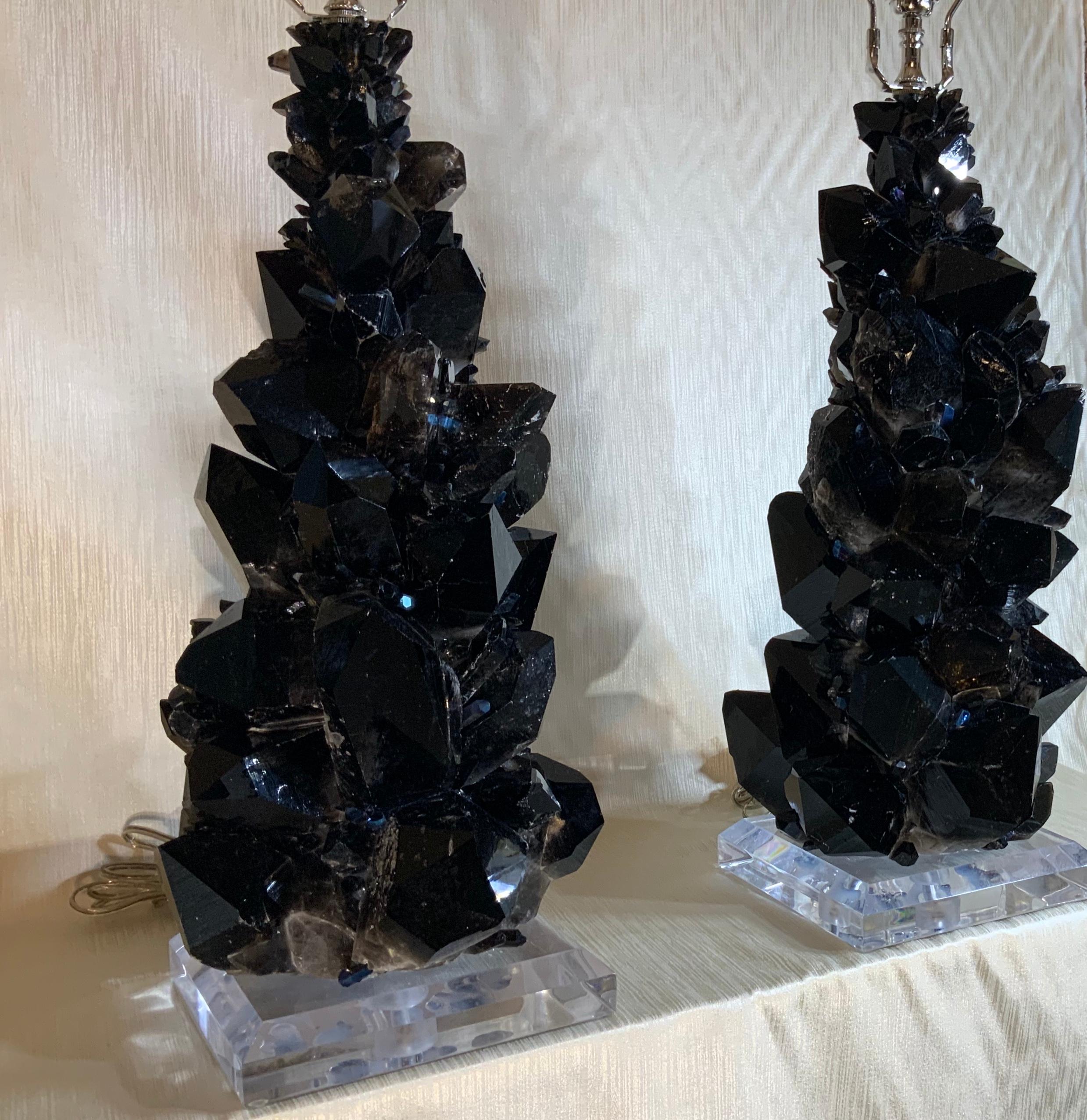 Pair of Large Black Rock Quartz Crystal Table Lamps by, Joseph Malekan For Sale 1