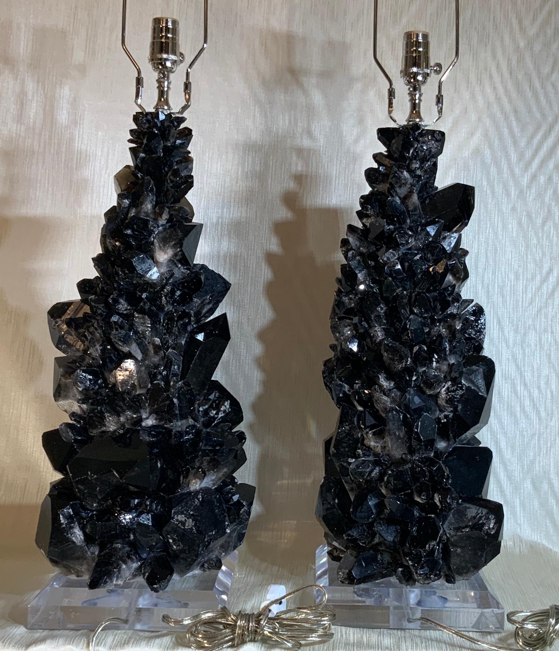 Pair of Large Black Rock Quartz Crystal Table Lamps by, Joseph Malekan For Sale 2