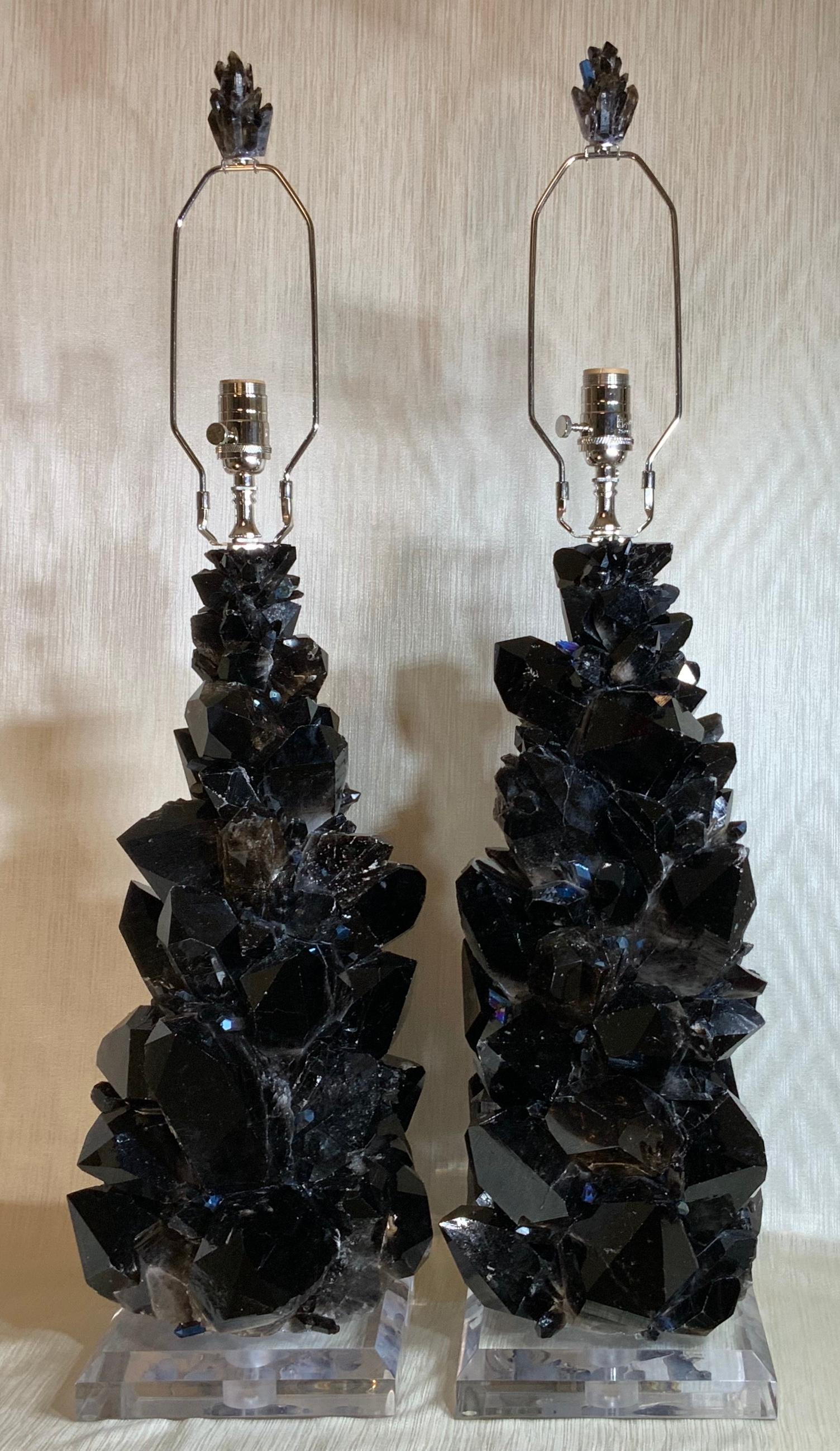 Pair of Large Black Rock Quartz Crystal Table Lamps by, Joseph Malekan For Sale 4