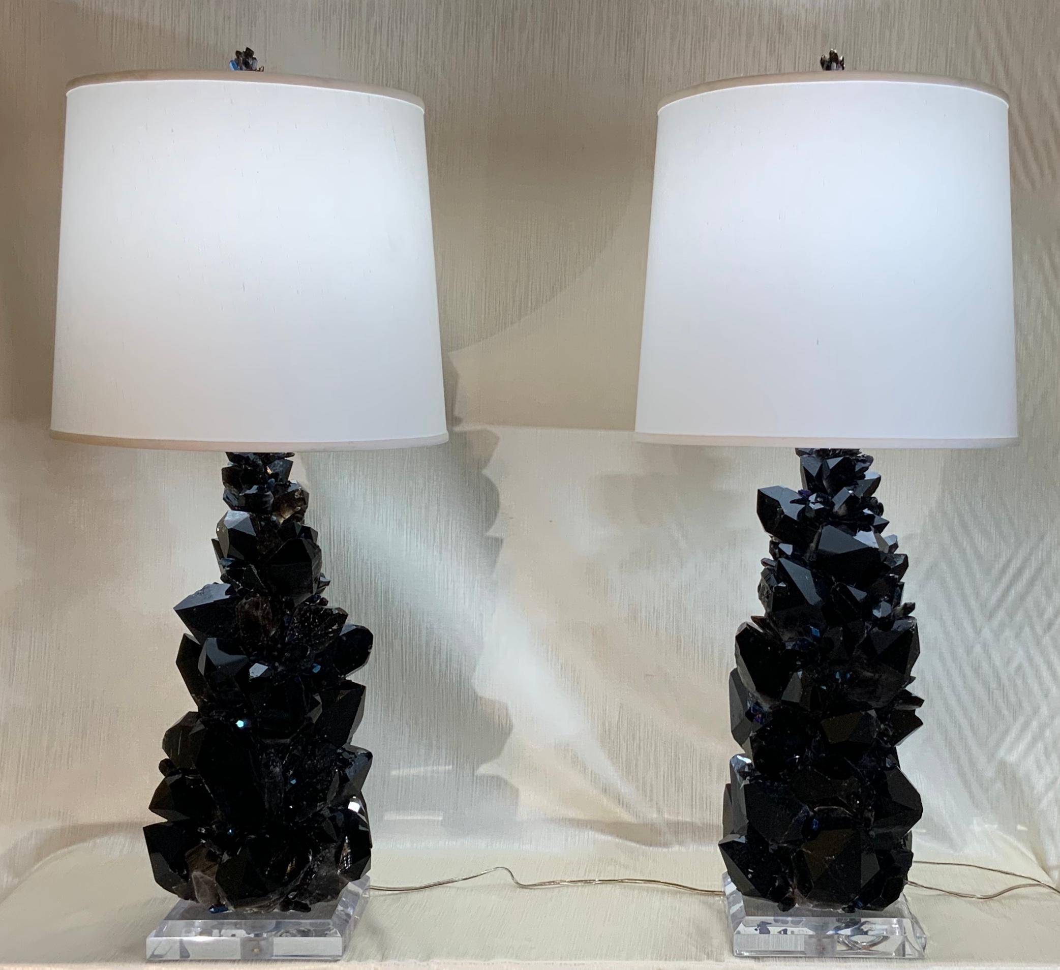 Pair of Large Black Rock Quartz Crystal Table Lamps by, Joseph Malekan For Sale 5
