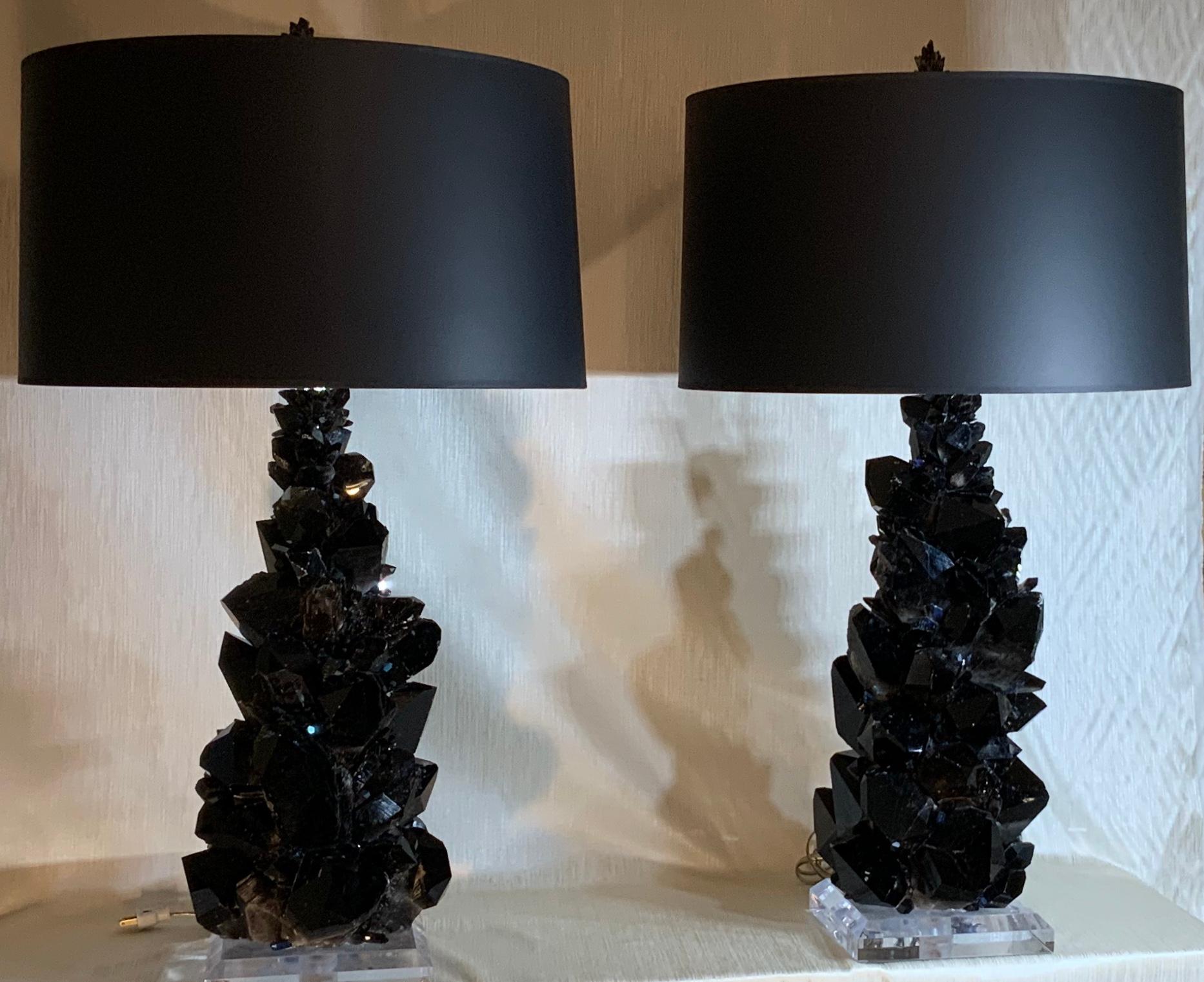 Mid-Century Modern Pair of Large Black Rock Quartz Crystal Table Lamps by, Joseph Malekan For Sale