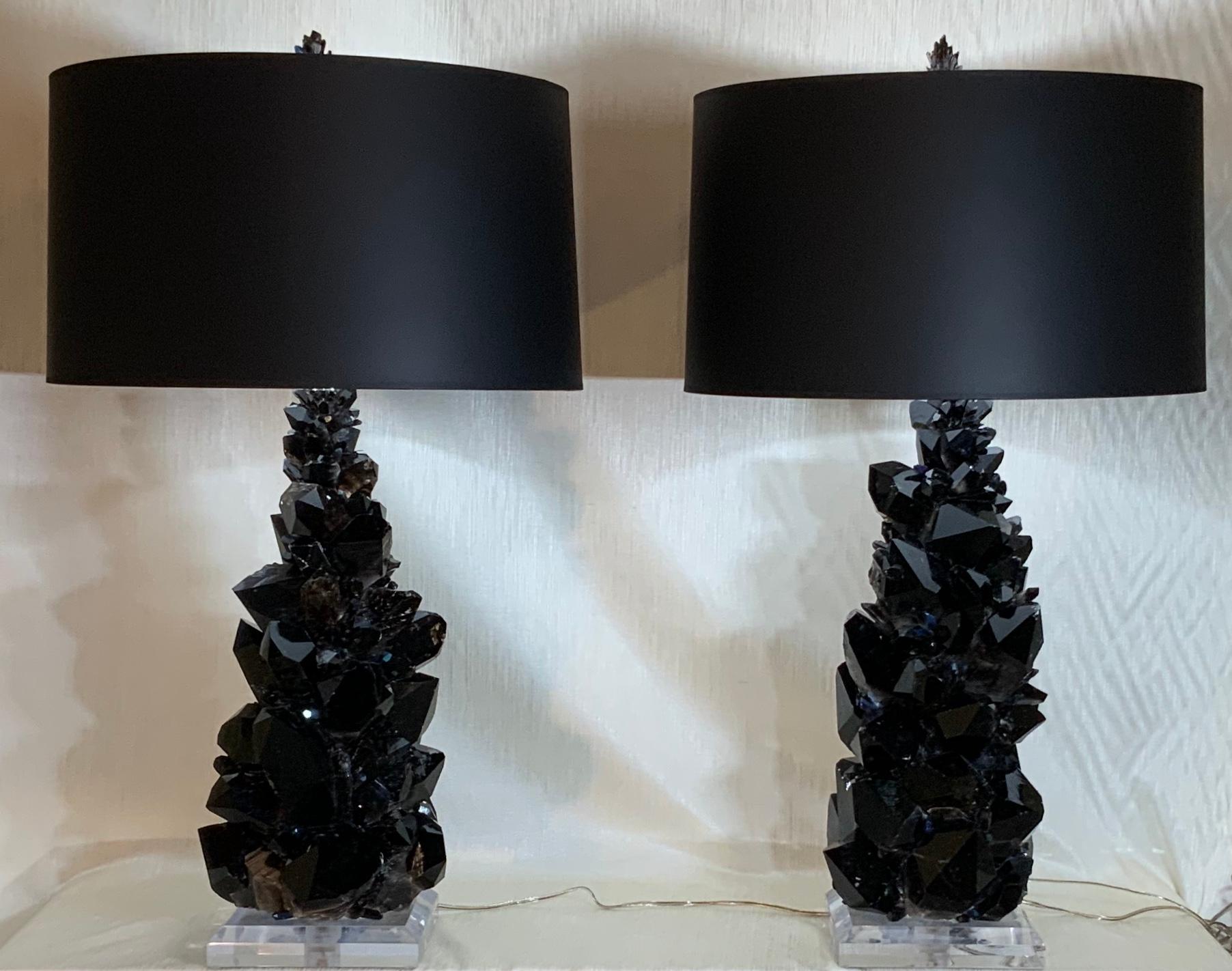 American Pair of Large Black Rock Quartz Crystal Table Lamps by, Joseph Malekan For Sale