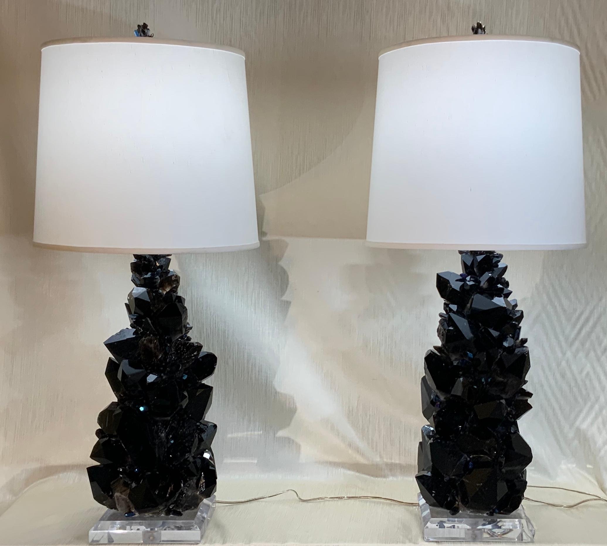Pair of Large Black Rock Quartz Crystal Table Lamps by, Joseph Malekan In Good Condition For Sale In Delray Beach, FL