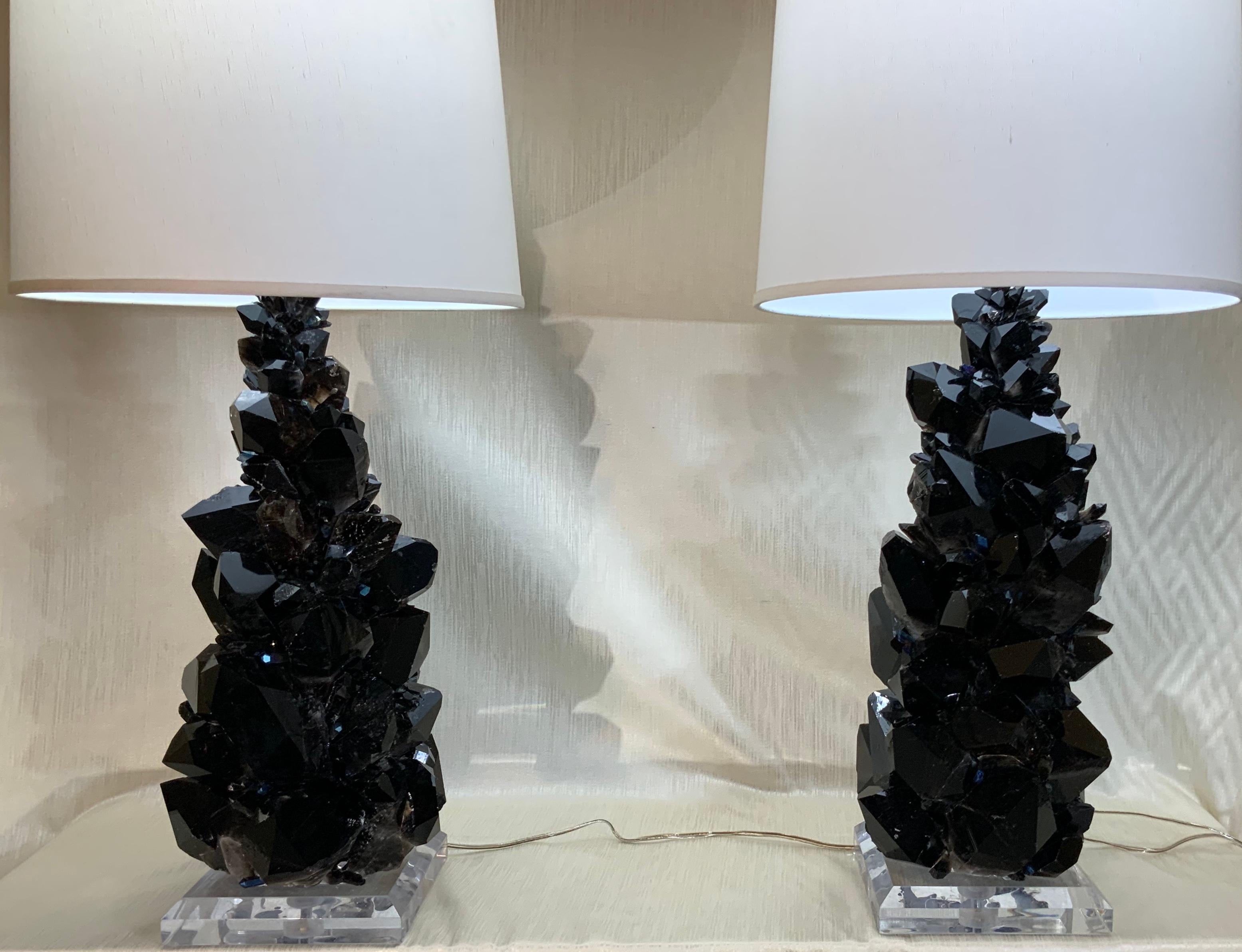 Contemporary Pair of Large Black Rock Quartz Crystal Table Lamps by, Joseph Malekan For Sale