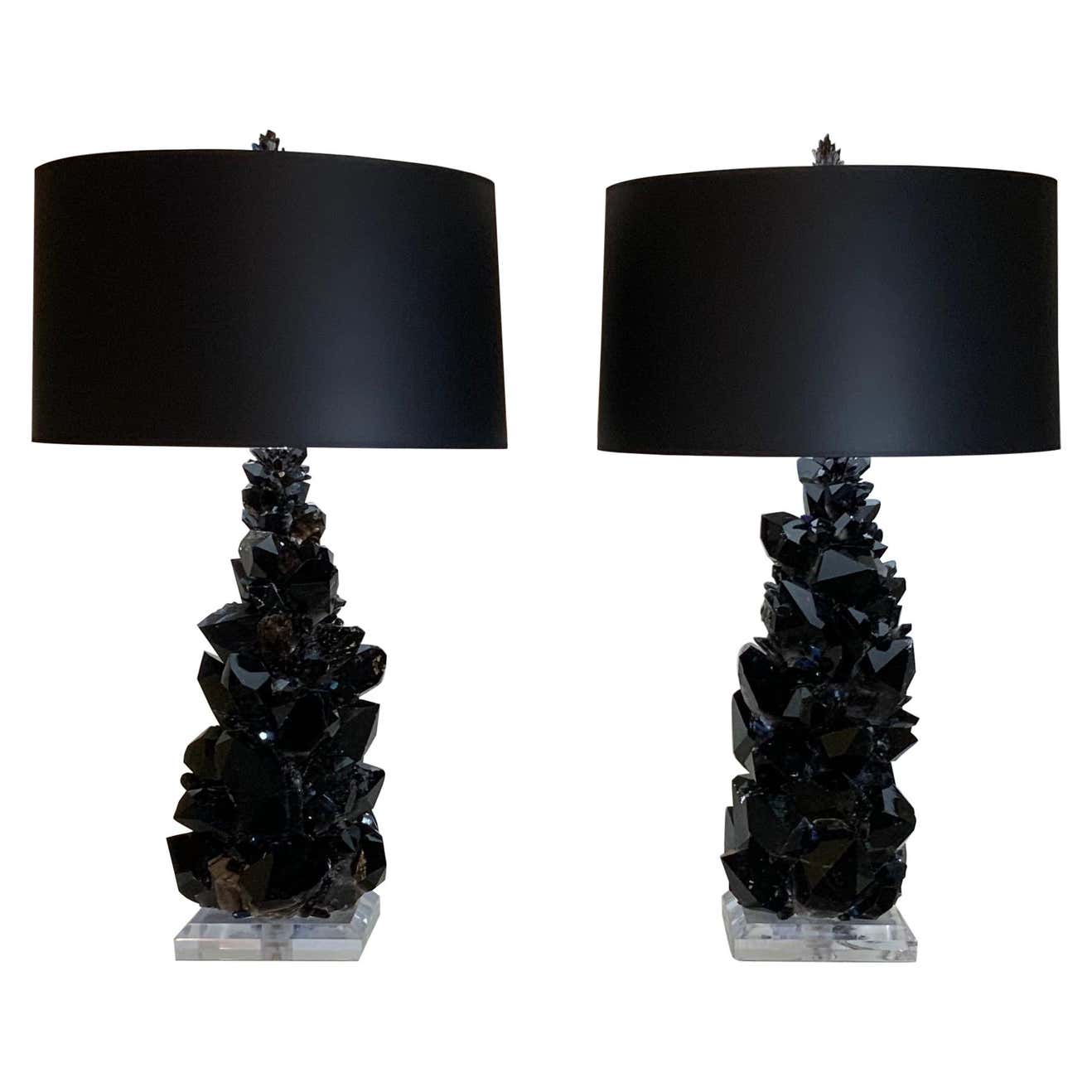 Pair of Large Black Rock Quartz Crystal Table Lamps by, Joseph Malekan ...