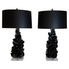 Pair of Large Black Rock Quartz Crystal Table Lamps by, Joseph Malekan