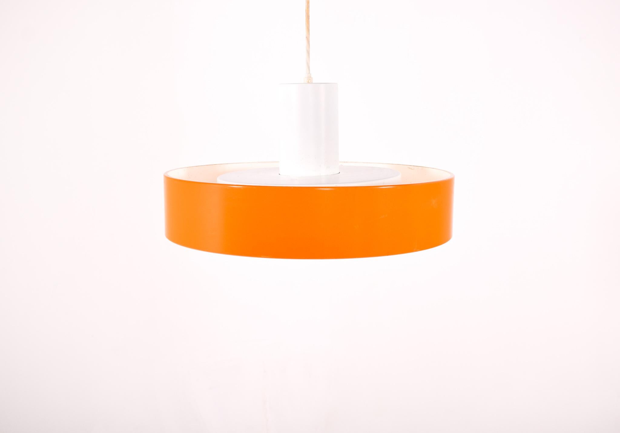 Stunning pair of 1960s-era 'Blågård' ceiling light designed by Karen and Ebbe Clemmensson and Jorgen Bo for Fog & Mørup. Lamp is constructed from metal with an orange and white finish. Produced in Denmark.