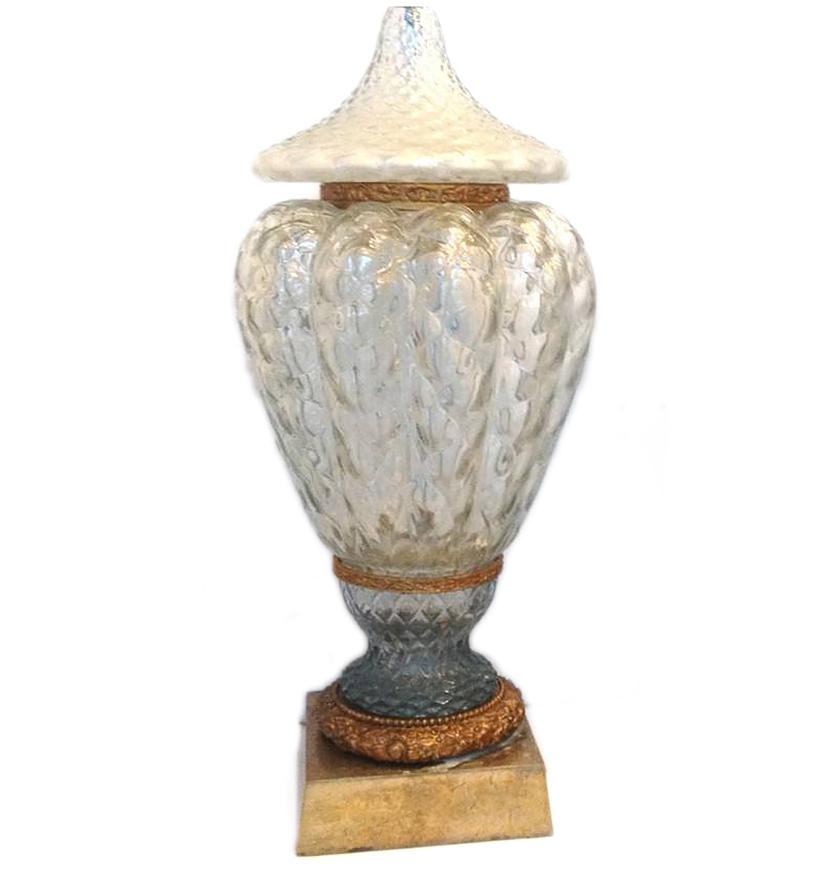A pair of large Italian textured blown glass table lamps with gilt bases.

Measurements:
Height of body: 24