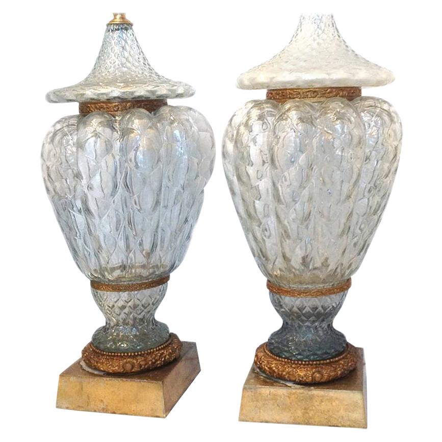 Paire de grandes lampes en verre soufflé