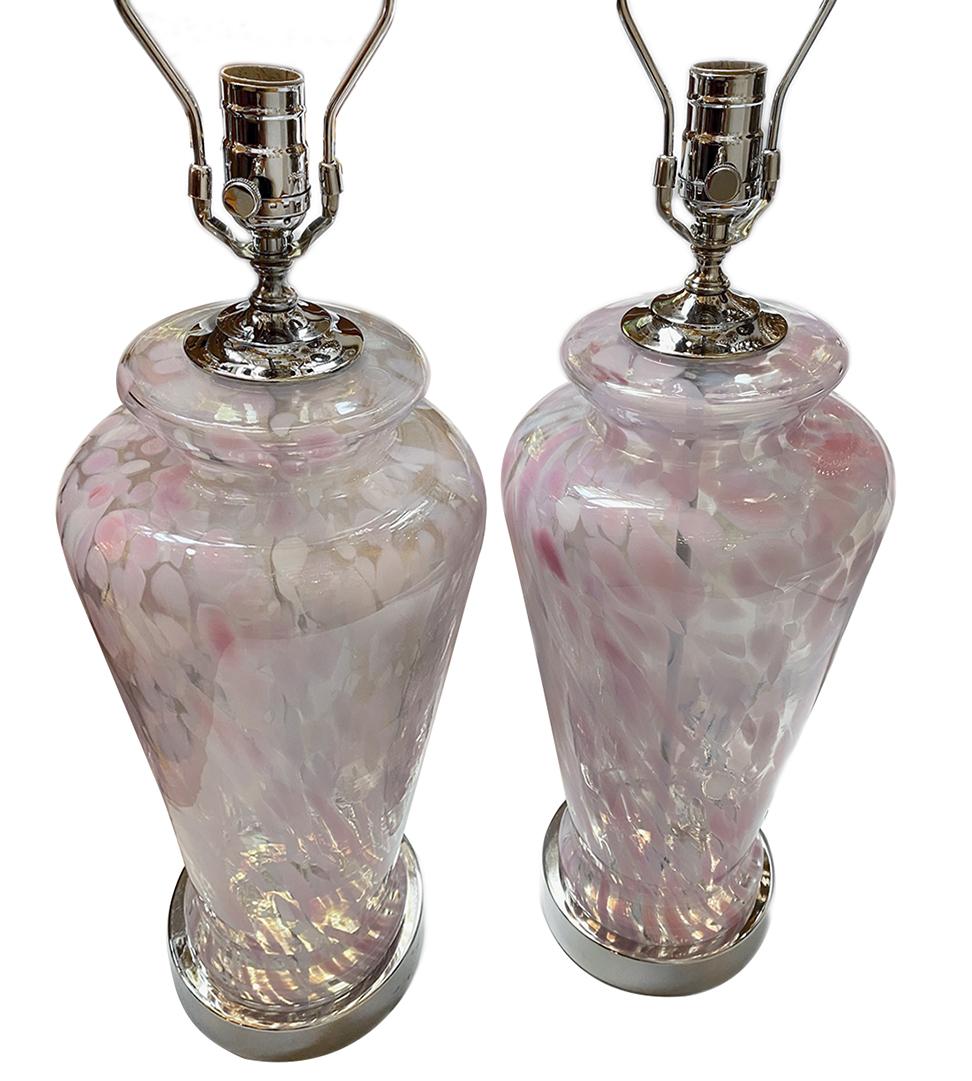 Pair of circa 1960s large Italian blown glass table lamps with silver plated bases.

Measurements:
Height of body: 19