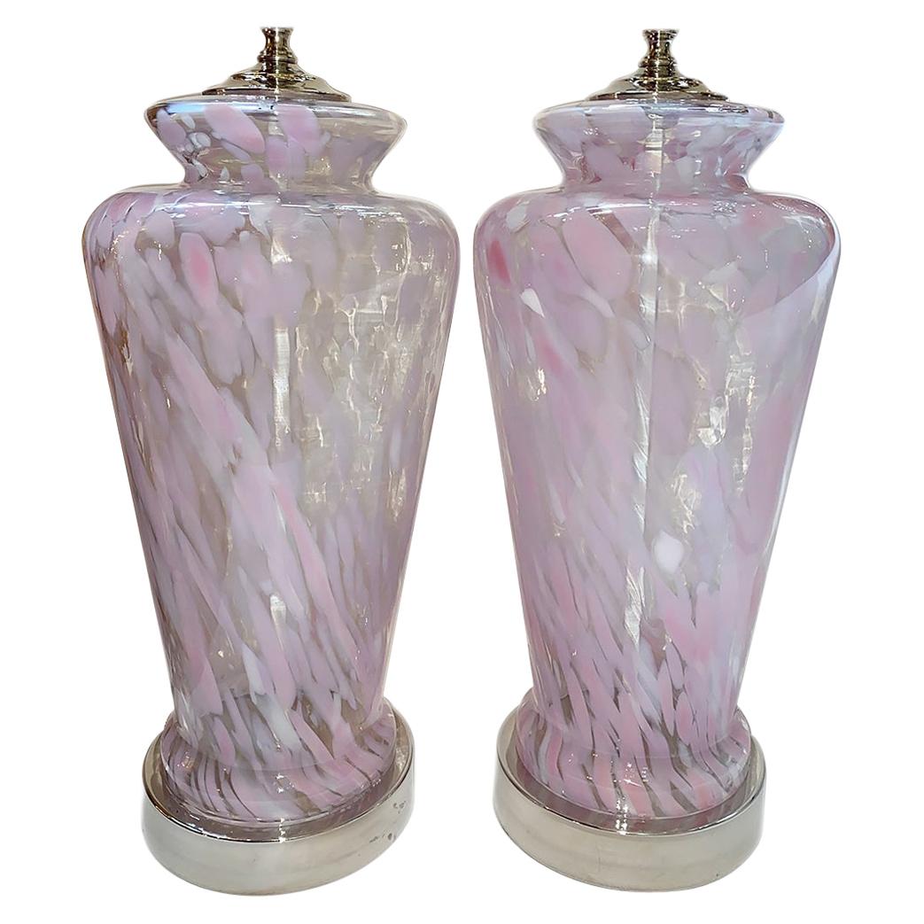Pair of Large Blown Glass Pink Lamps For Sale